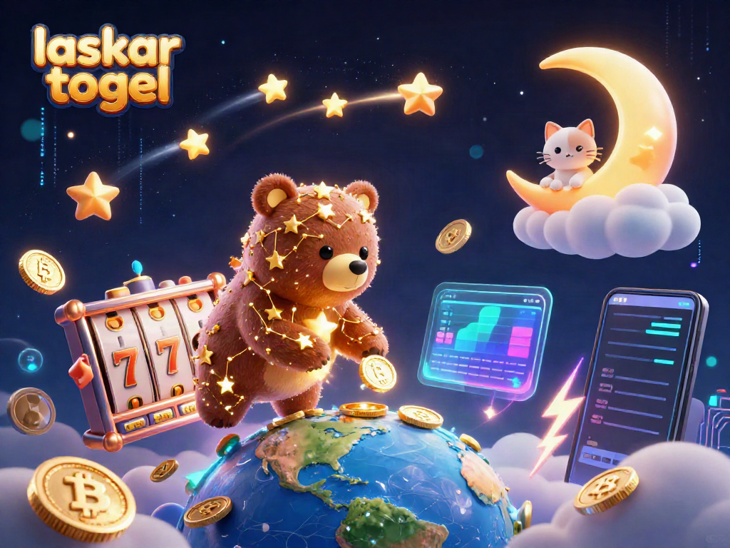 Experience the excitement of laskar togel with a vibrant scene packed with slot reels and glowing crypto coins.