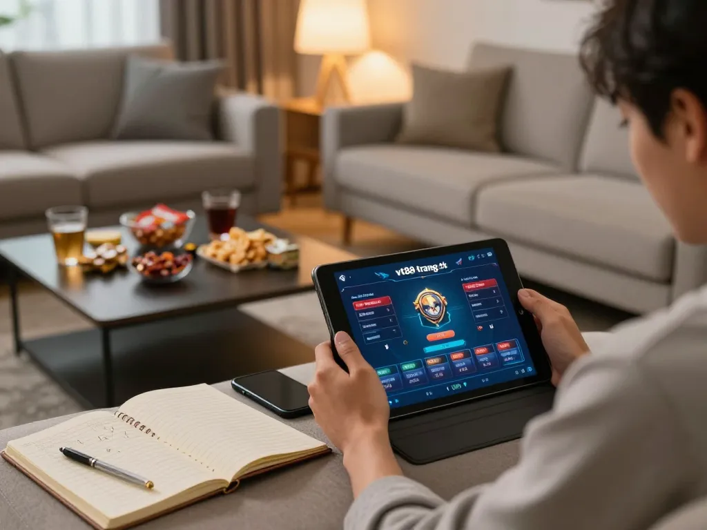 Player enjoying vt88 trang chủ on a tablet in a cozy living room, highlighting online gambling.
