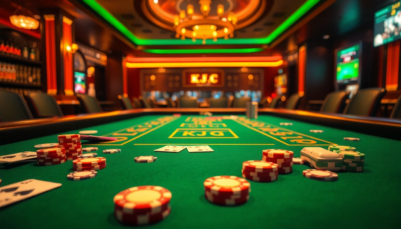 KJC branded poker table with chips and cards, capturing the thrill of casino gaming.