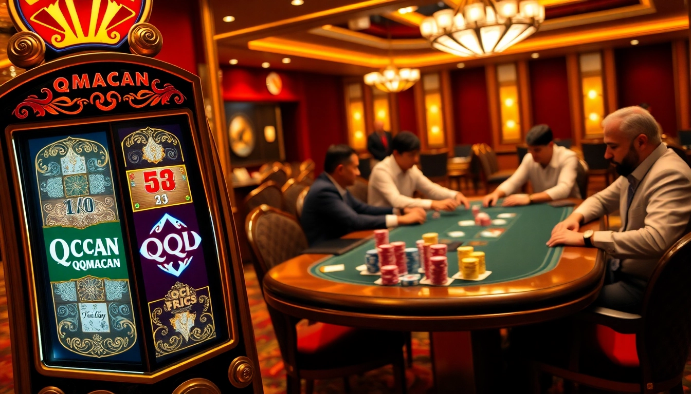 Experience thrilling gambling with QQMACAN at a luxurious casino scene featuring a slot machine and poker table.