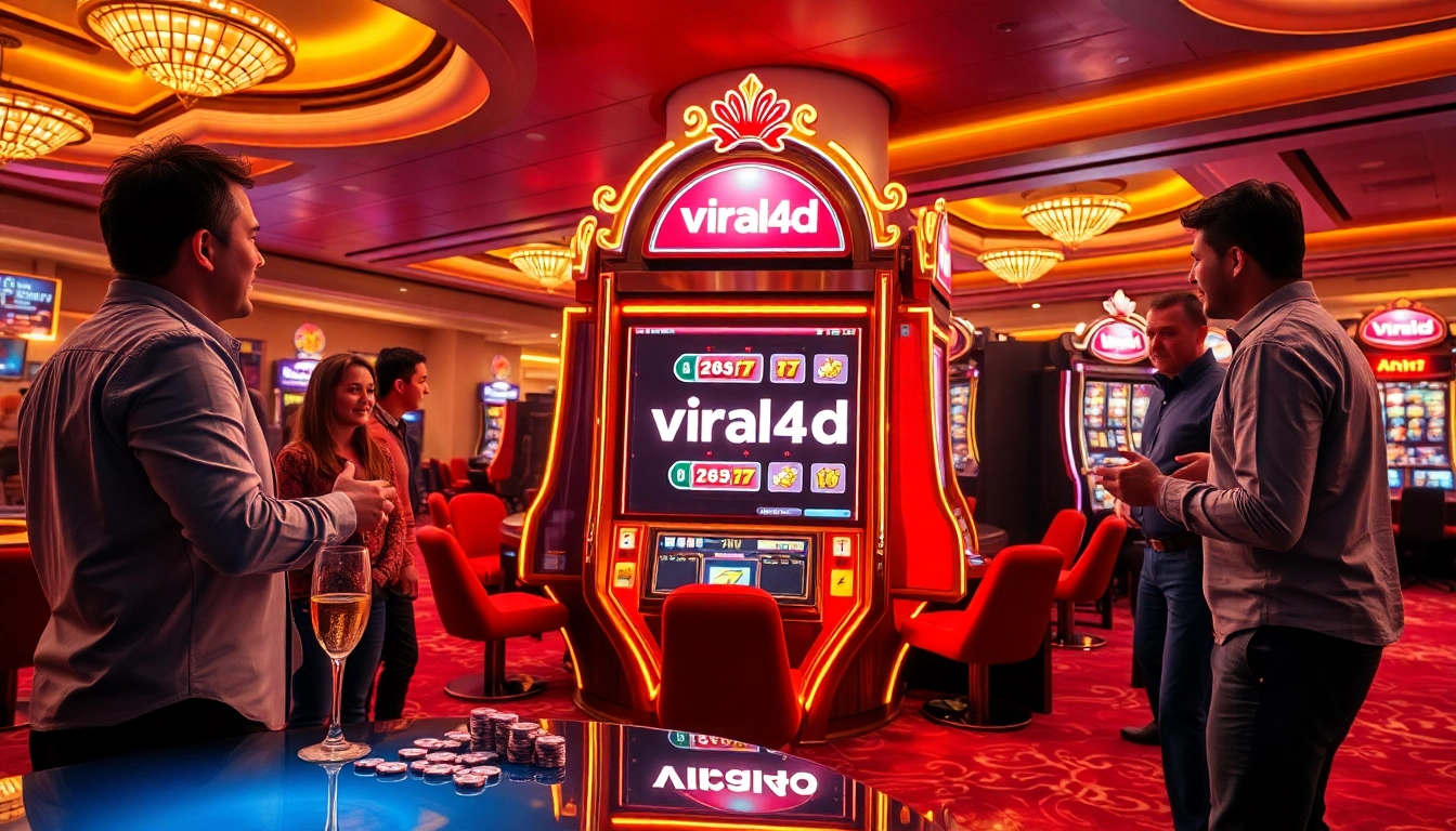 Players enjoying the excitement of viral4d slot machines with poker chips and champagne.