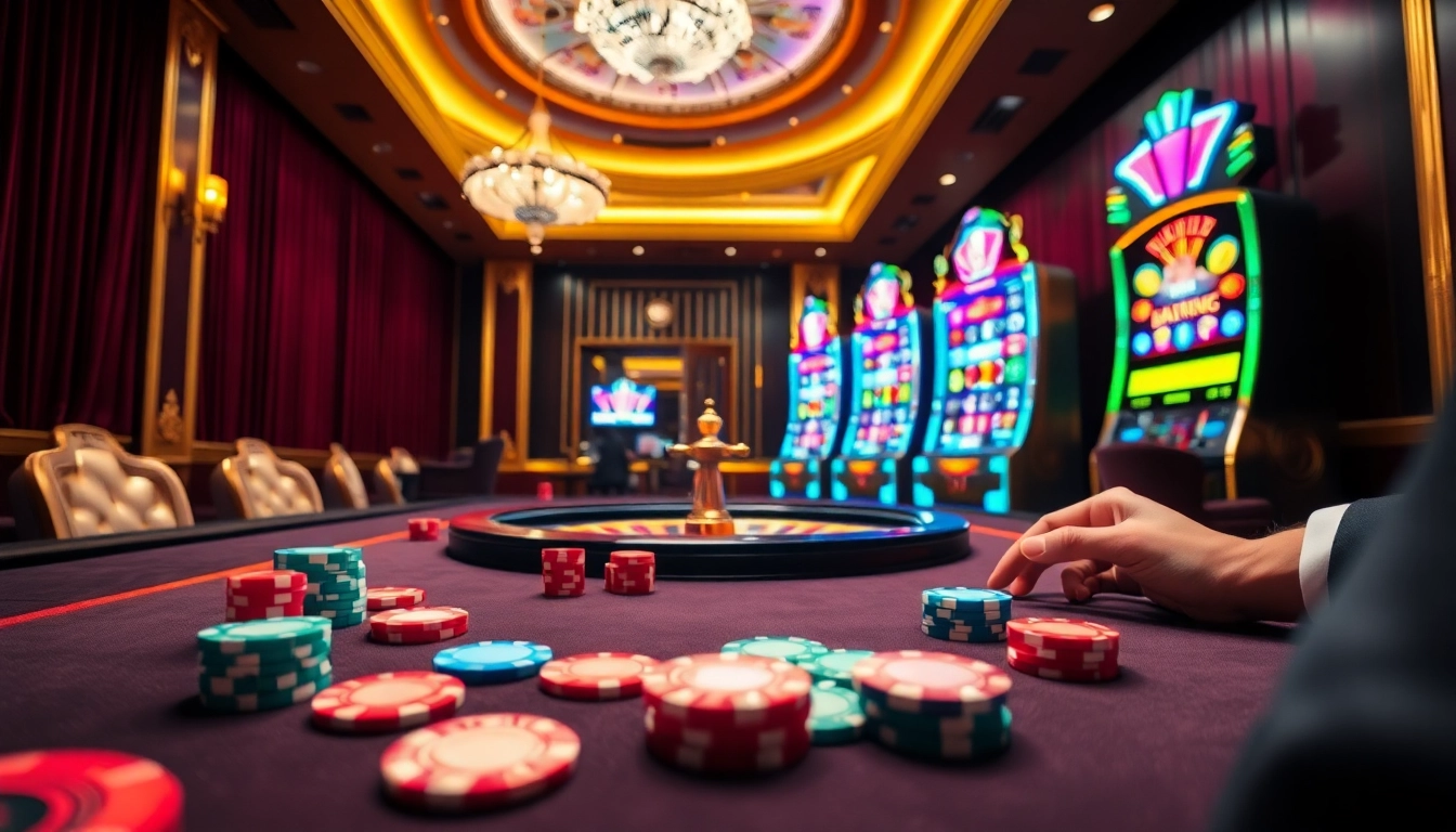 Engage in thrilling games at kerajaanslot with luxurious casino tables and vibrant slot machines.