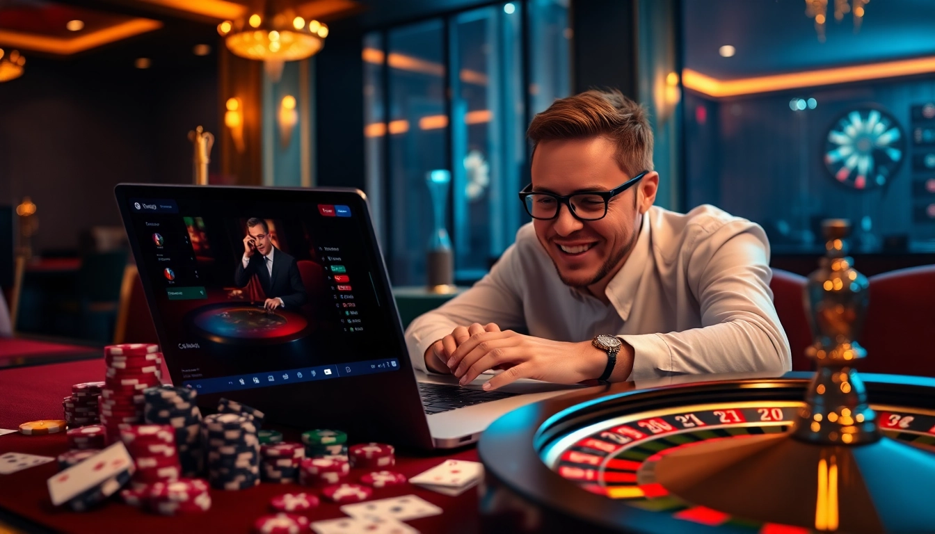 luxury138 online gambling scene with vibrant casino elements and excited player experience