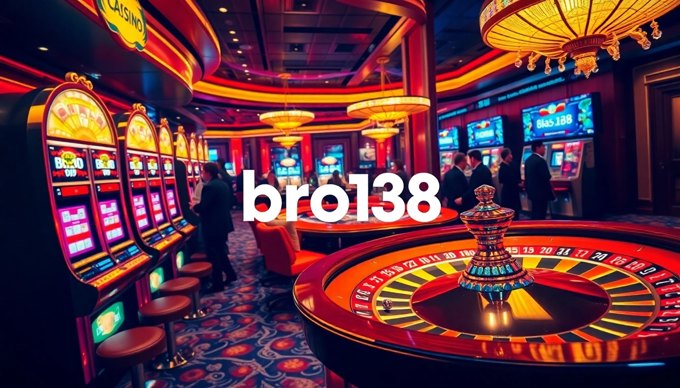 Engage in thrilling gaming at bro138's premium slots and casino tables with vibrant lights and excitement.