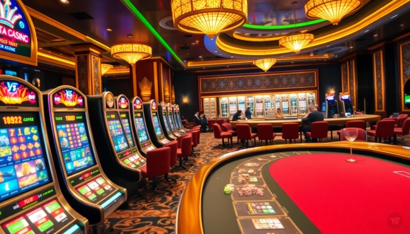 Engage with slot api raja 88 at a lively casino featuring vibrant slot machines and poker tables.