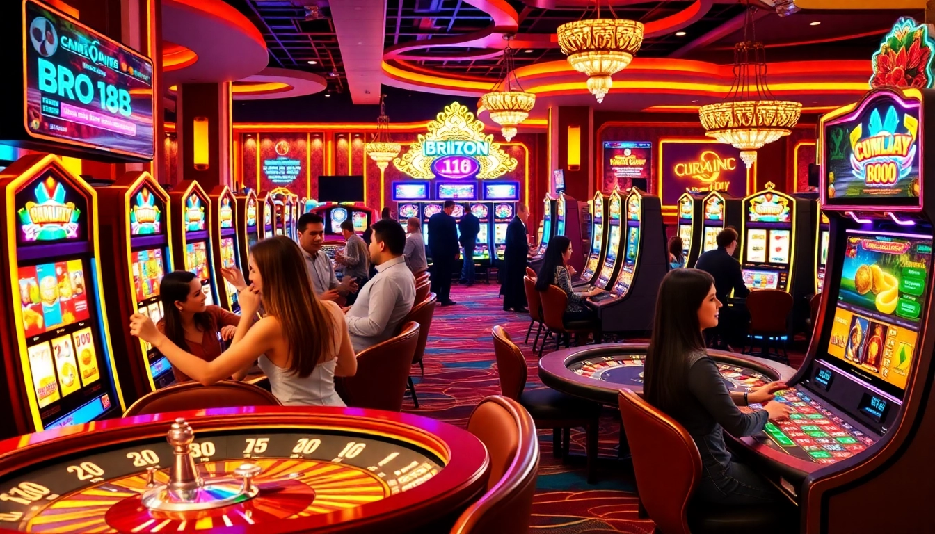 Players enjoying Bro138 slot games with excitement at a vibrant casino scene.