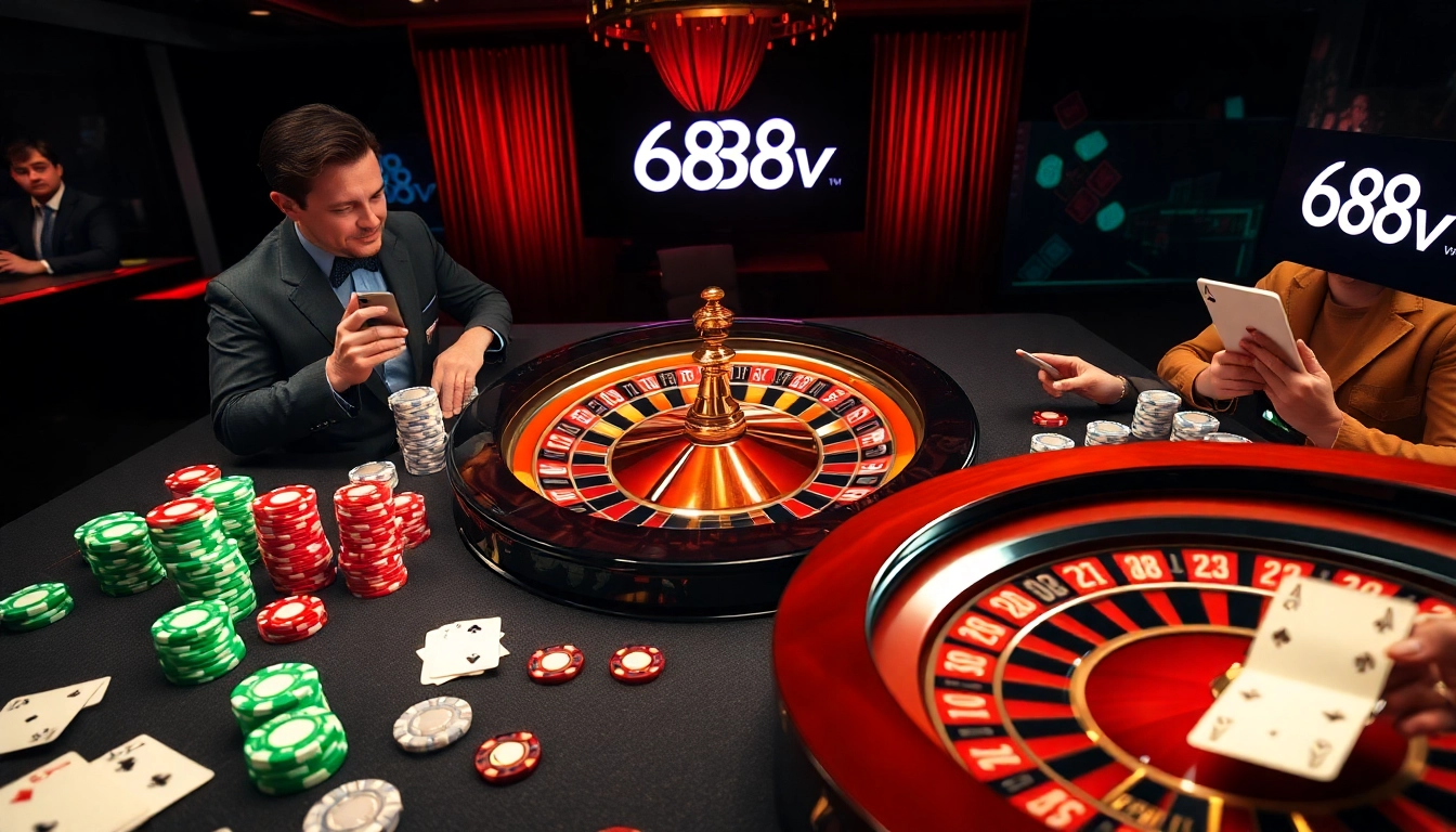 Experience the excitement of 688v with players betting at a luxurious casino table surrounded by colorful chips and cards.