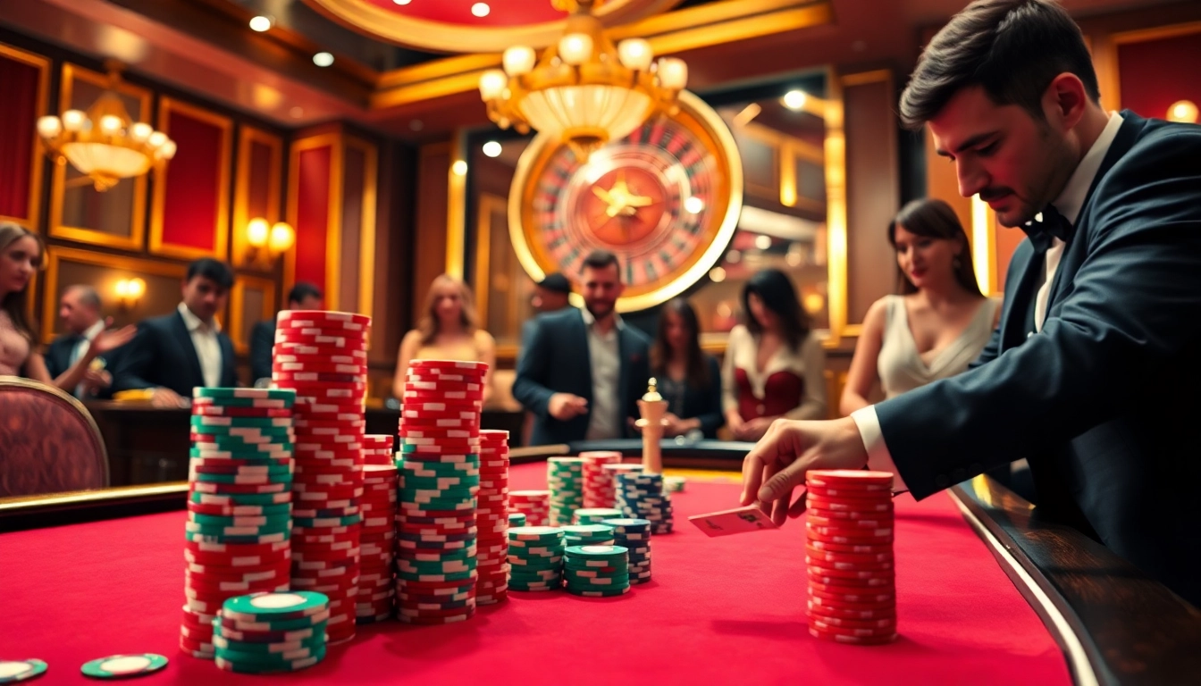 Experience high-stakes excitement at 68VIP's luxurious casino with vibrant poker tables and roulette wheels.