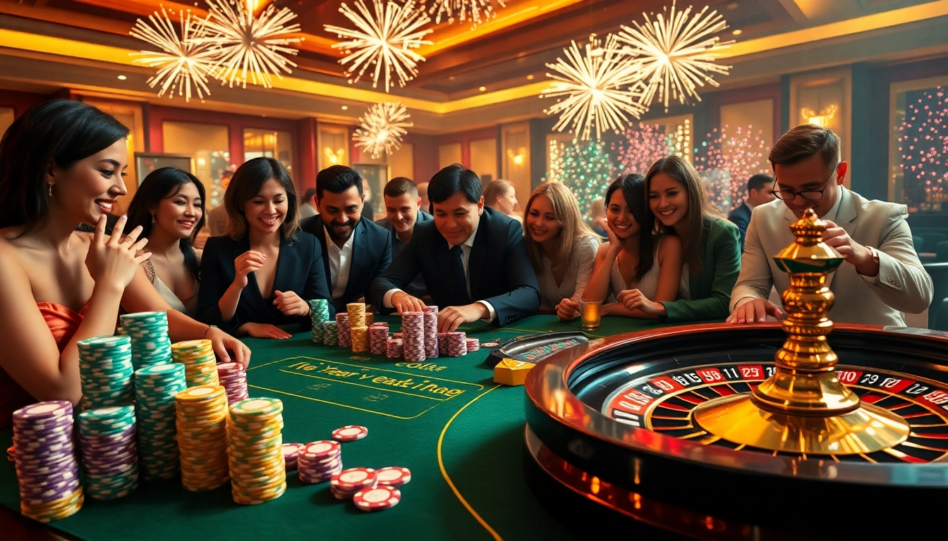 Excited gamblers at a vibrant bro138 casino table celebrating New Year's Eve.